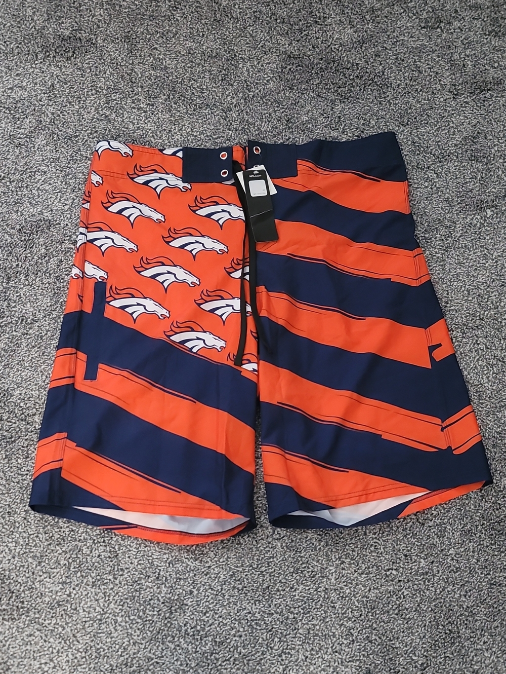 Team Apparel Navy and Orange Striped Men's Board Shorts with Logo Panel